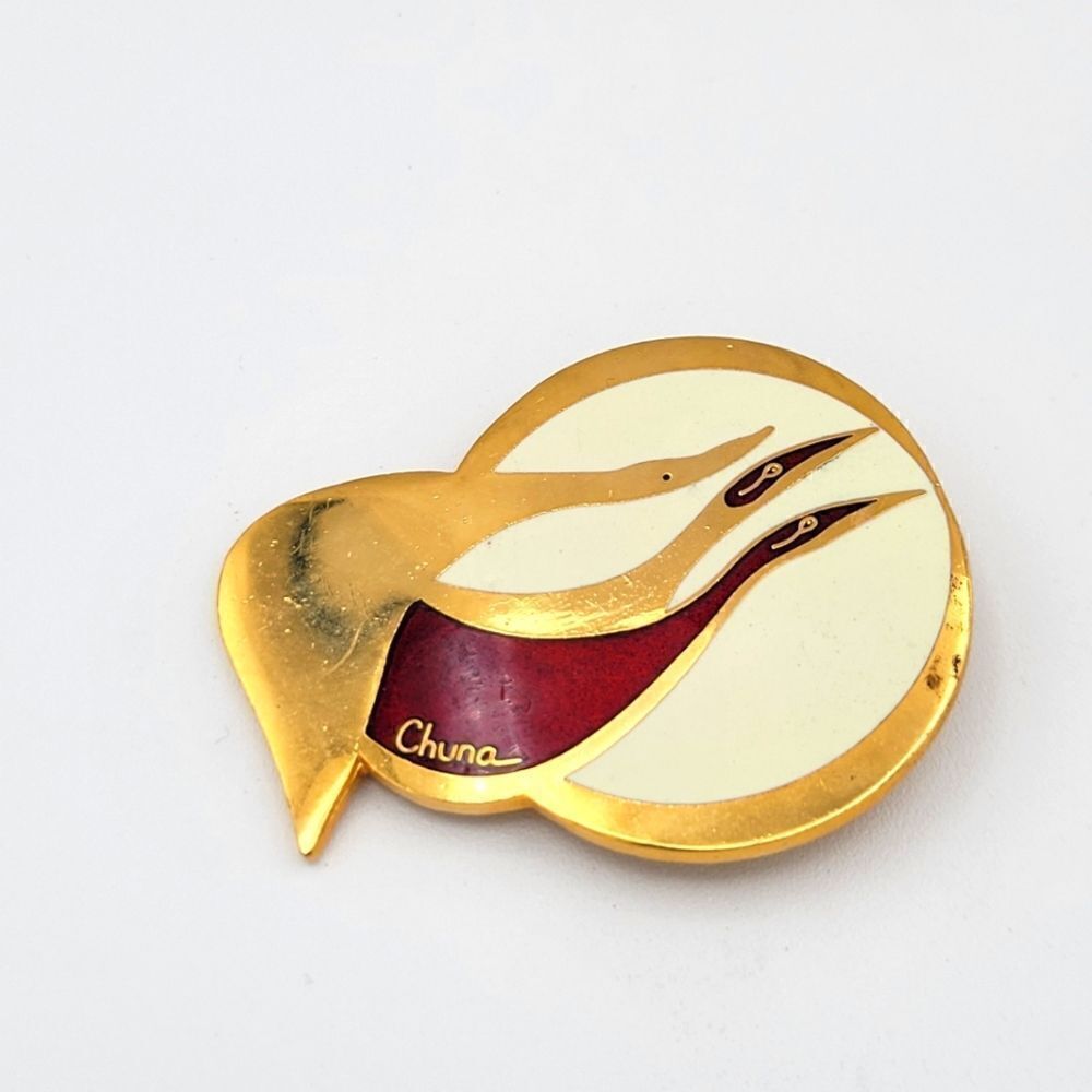 Chuna McIntyre Alaskan Geese Pin Enamel Brass Native Artist Gold White Red 2"